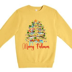 Merry Fishmas Christmas Tree Lights Fish Fishing Rod Premium Crewneck Sweatshirt