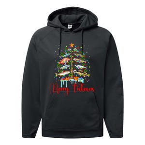 Merry Fishmas Christmas Tree Lights Fish Fishing Rod Performance Fleece Hoodie