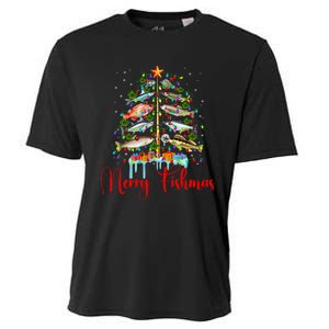 Merry Fishmas Christmas Tree Lights Fish Fishing Rod Cooling Performance Crew T-Shirt