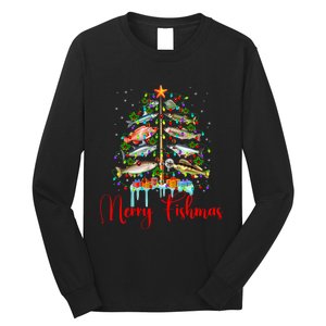 Merry Fishmas Christmas Tree Lights Fish Fishing Rod Long Sleeve Shirt