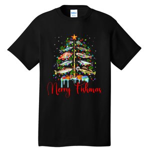 Merry Fishmas Christmas Tree Lights Fish Fishing Rod Tall T-Shirt