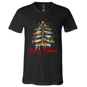 Merry Fishmas Christmas Tree Lights Fish Fishing Rod V-Neck T-Shirt