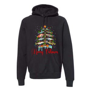 Merry Fishmas Christmas Tree Lights Fish Fishing Rod Premium Hoodie