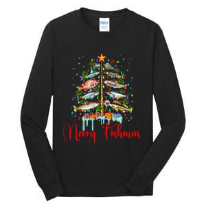 Merry Fishmas Christmas Tree Lights Fish Fishing Rod Tall Long Sleeve T-Shirt