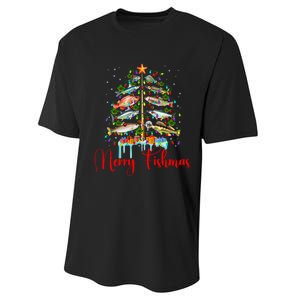 Merry Fishmas Christmas Tree Lights Fish Fishing Rod Performance Sprint T-Shirt