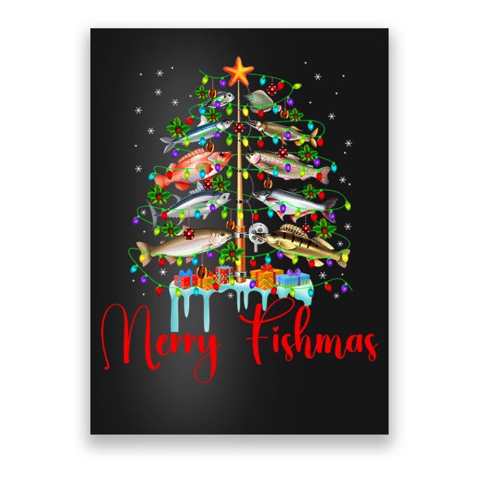 Merry Fishmas Christmas Tree Lights Fish Fishing Rod Poster