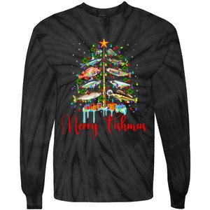 Merry Fishmas Christmas Tree Lights Fish Fishing Rod Tie-Dye Long Sleeve Shirt