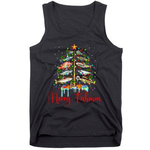 Merry Fishmas Christmas Tree Lights Fish Fishing Rod Tank Top