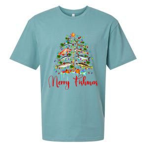 Merry Fishmas Christmas Tree Lights Fish Fishing Rod Sueded Cloud Jersey T-Shirt