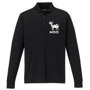 Moo Funny Cow Lover Famer Cattle Ranch Dairy Farming Performance Long Sleeve Polo