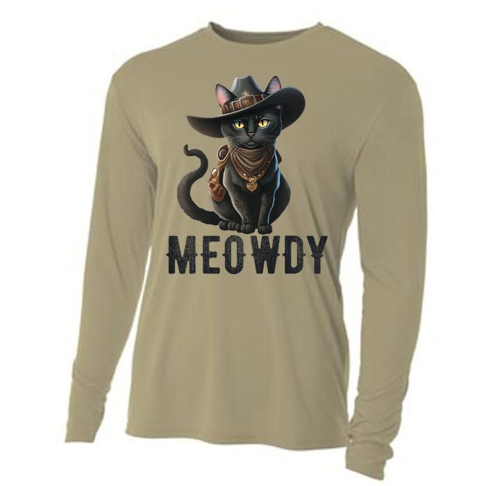 Meowdy Funny Cat Country Music Kitten Cowboy Hat Vintage Cooling Performance Long Sleeve Crew