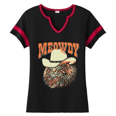 Meowdy! Funny Country Music Cat Cowboy Hat Vintage Ladies Halftime Notch Neck Tee