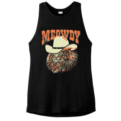 Meowdy! Funny Country Music Cat Cowboy Hat Vintage Ladies PosiCharge Tri-Blend Wicking Tank