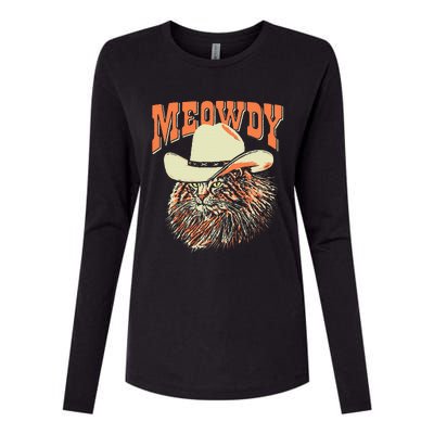 Meowdy! Funny Country Music Cat Cowboy Hat Vintage Womens Cotton Relaxed Long Sleeve T-Shirt