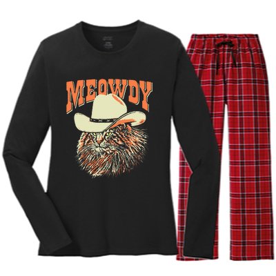 Meowdy! Funny Country Music Cat Cowboy Hat Vintage Women's Long Sleeve Flannel Pajama Set 