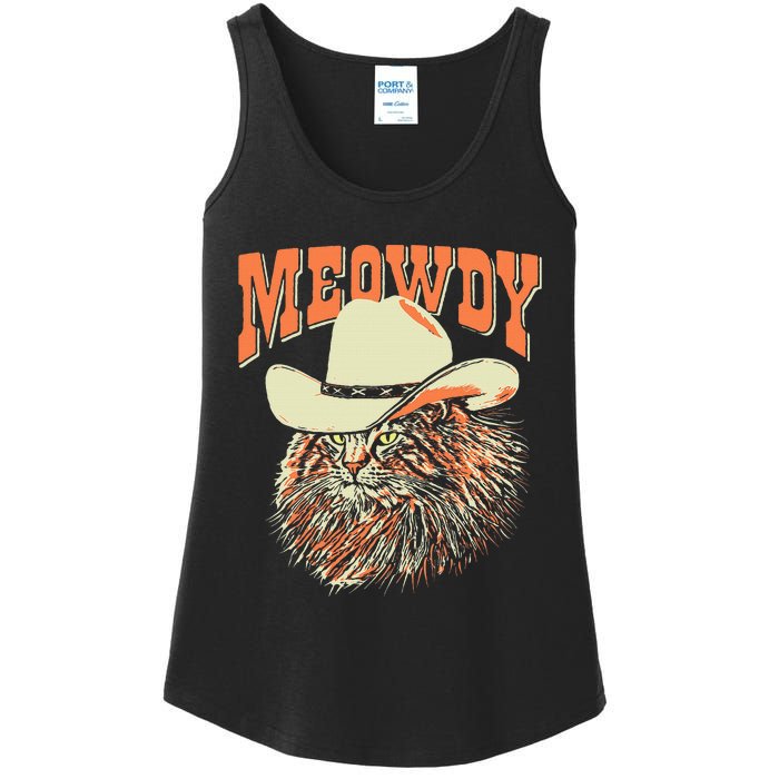 Meowdy! Funny Country Music Cat Cowboy Hat Vintage Ladies Essential Tank