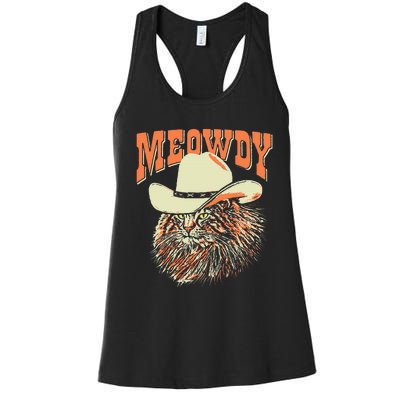 Meowdy! Funny Country Music Cat Cowboy Hat Vintage Women's Racerback Tank