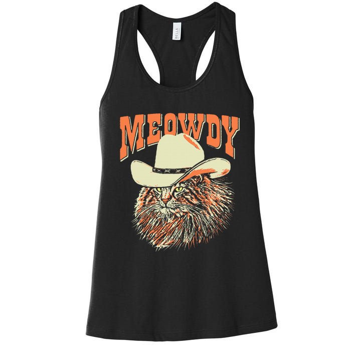 Meowdy! Funny Country Music Cat Cowboy Hat Vintage Women's Racerback Tank