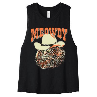 Meowdy! Funny Country Music Cat Cowboy Hat Vintage Women's Racerback Cropped Tank