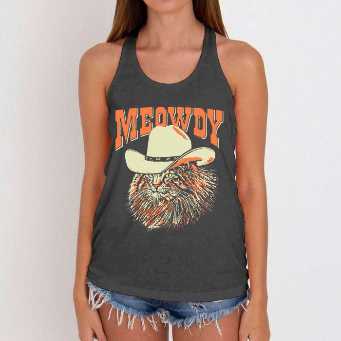 Meowdy! Funny Country Music Cat Cowboy Hat Vintage Women's Knotted Racerback Tank