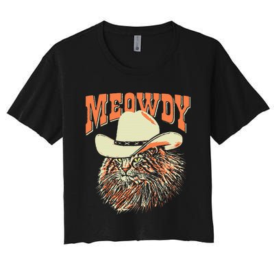 Meowdy! Funny Country Music Cat Cowboy Hat Vintage Women's Crop Top Tee