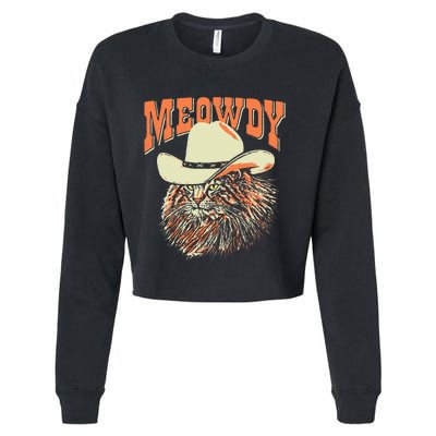 Meowdy! Funny Country Music Cat Cowboy Hat Vintage Cropped Pullover Crew