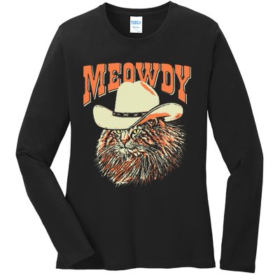 Meowdy! Funny Country Music Cat Cowboy Hat Vintage Ladies Long Sleeve Shirt