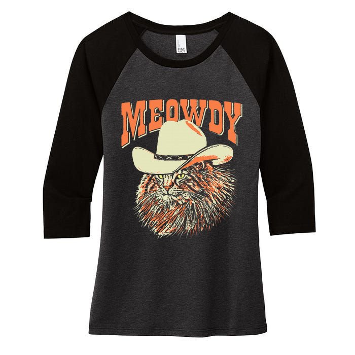 Meowdy! Funny Country Music Cat Cowboy Hat Vintage Women's Tri-Blend 3/4-Sleeve Raglan Shirt