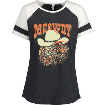 Meowdy! Funny Country Music Cat Cowboy Hat Vintage Enza Ladies Jersey Colorblock Tee