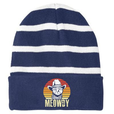 Meowdy Funny Cat Retro Texas Striped Beanie with Solid Band