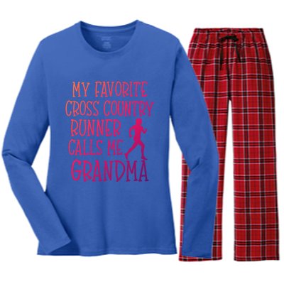 My Favorite Cross Country Runner Calls Me Grandma Grandson Gift Women's Long Sleeve Flannel Pajama Set 