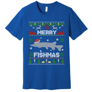 Merry Fishmas Christmas Sweater Looking Stiched Funny Fish Gift Premium T-Shirt