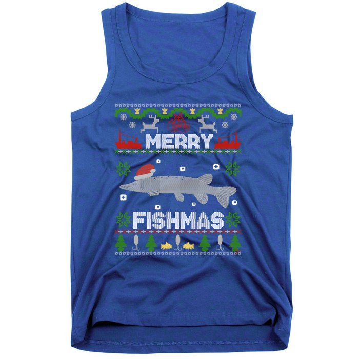 Merry Fishmas Christmas Sweater Looking Stiched Funny Fish Gift Tank Top