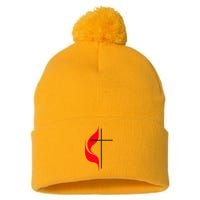 Methodist Flag Christian Cross And Flame Pom Pom 12in Knit Beanie