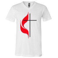 Methodist Flag Christian Cross And Flame V-Neck T-Shirt