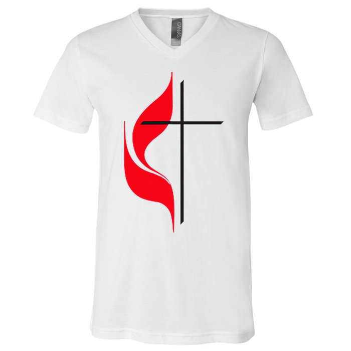 Methodist Flag Christian Cross And Flame V-Neck T-Shirt
