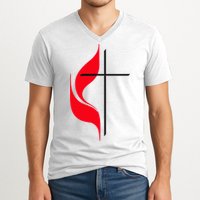 Methodist Flag Christian Cross And Flame V-Neck T-Shirt