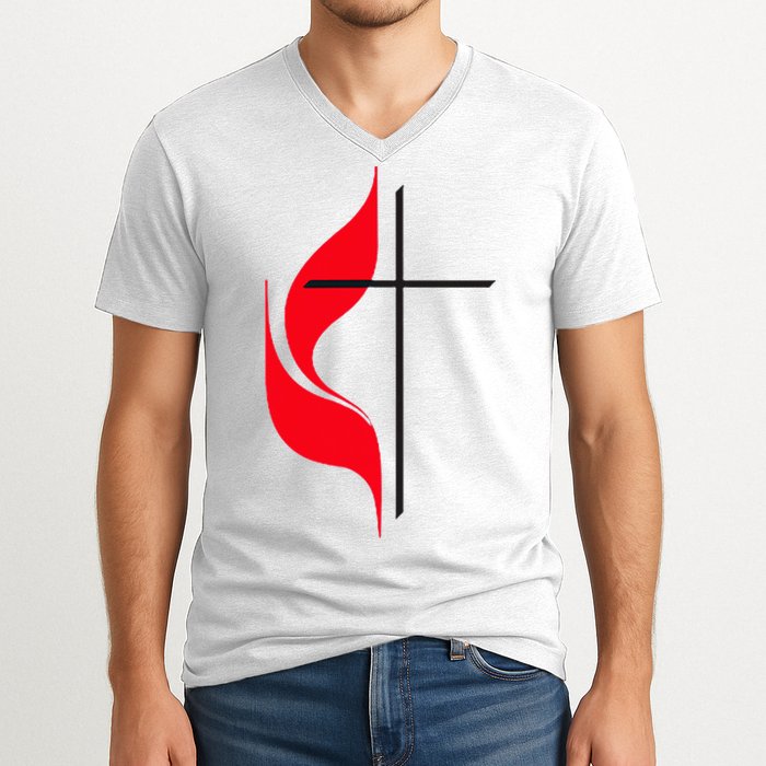 Methodist Flag Christian Cross And Flame V-Neck T-Shirt