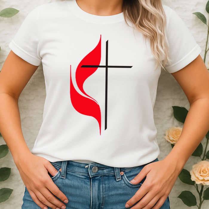 Methodist Flag Christian Cross And Flame Womens T-Shirt