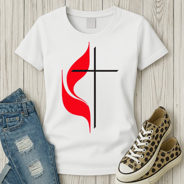 Methodist Flag Christian Cross And Flame Womens T-Shirt