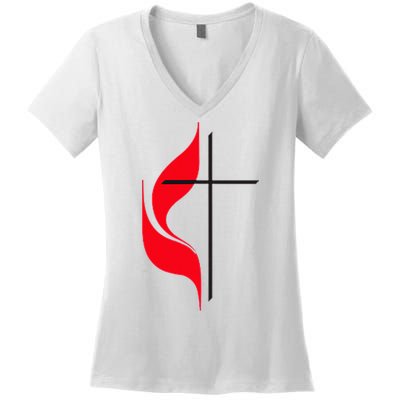 Methodist Flag Christian Cross And Flame Women's V-Neck T-Shirt