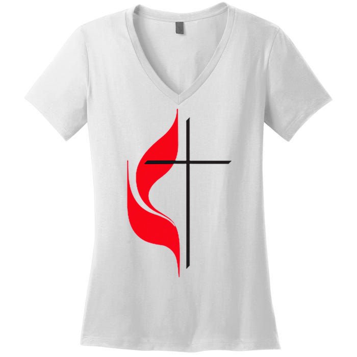 Methodist Flag Christian Cross And Flame Women's V-Neck T-Shirt
