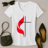 Methodist Flag Christian Cross And Flame Women's V-Neck T-Shirt