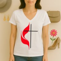 Methodist Flag Christian Cross And Flame Women's V-Neck T-Shirt