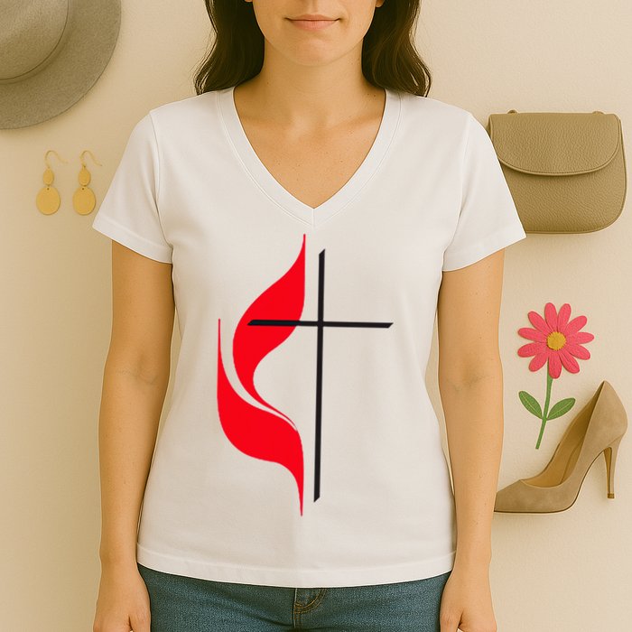 Methodist Flag Christian Cross And Flame Women's V-Neck T-Shirt