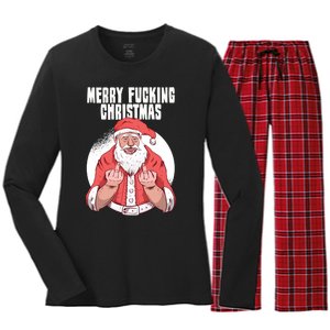 Merry Fucking Christmas Santa Claus Middle Finger Women's Long Sleeve Flannel Pajama Set 