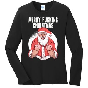 Merry Fucking Christmas Santa Claus Middle Finger Ladies Long Sleeve Shirt