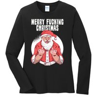 Merry Fucking Christmas Santa Claus Middle Finger Ladies Long Sleeve Shirt