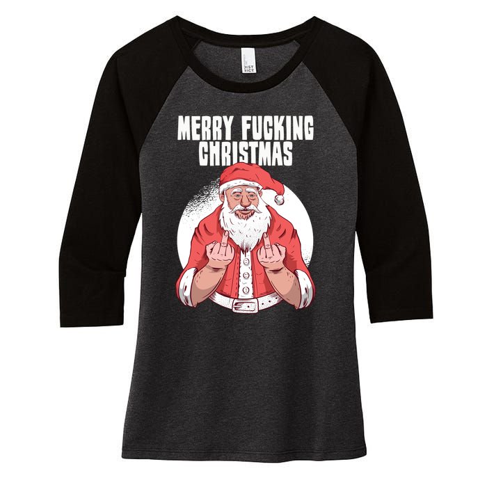 Merry Fucking Christmas Santa Claus Middle Finger Women's Tri-Blend 3/4-Sleeve Raglan Shirt