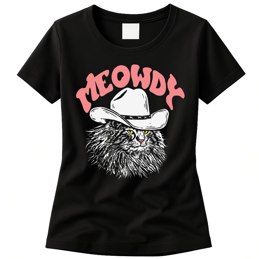 Meowdy! Funny Country Music Cat Cowboy Hat Vintage Funny Womens T-Shirt
